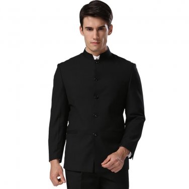 Jacket+Pants+Tie Chinese Tunic Suits Formal Meeting Black Suit Slim Fit Mandarin Button Front Classi