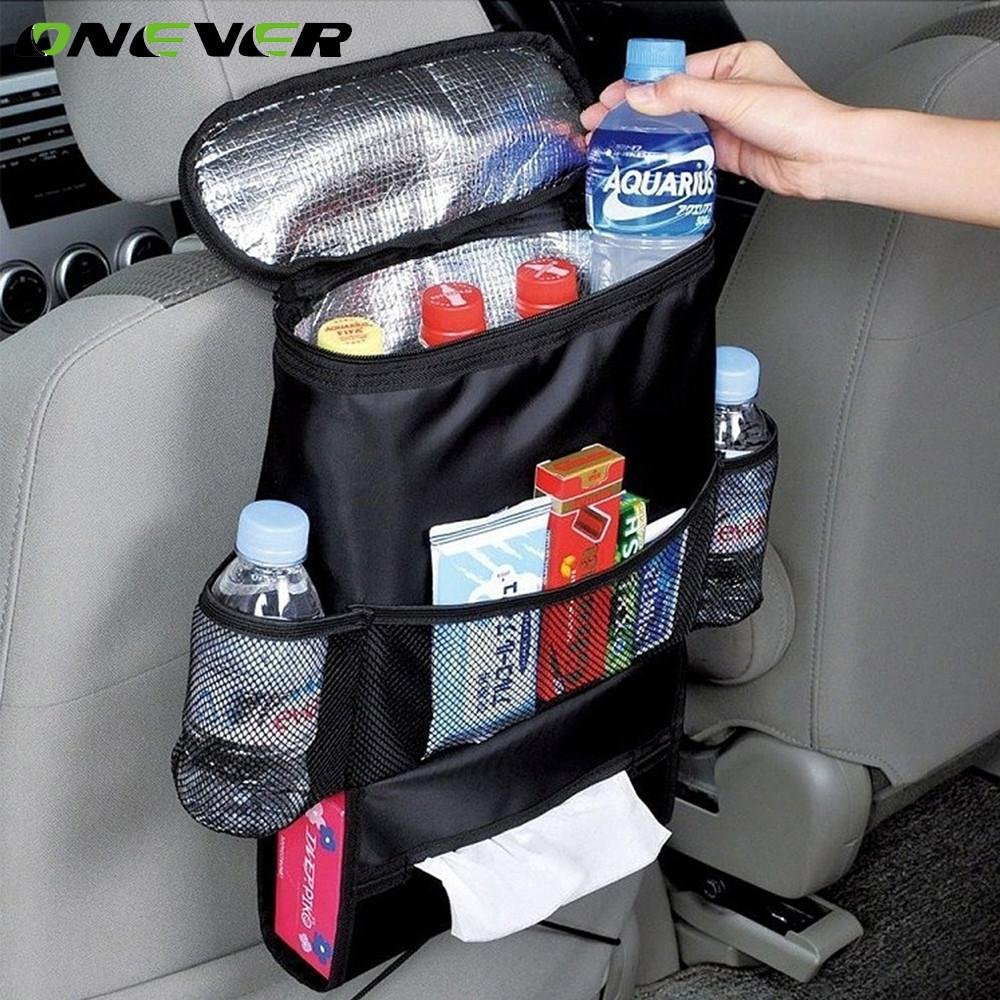 Onever Car Seat Back Hanging Bag Organizer Multi-pocket Insulated Food Water Storage Mesh Bag Contai