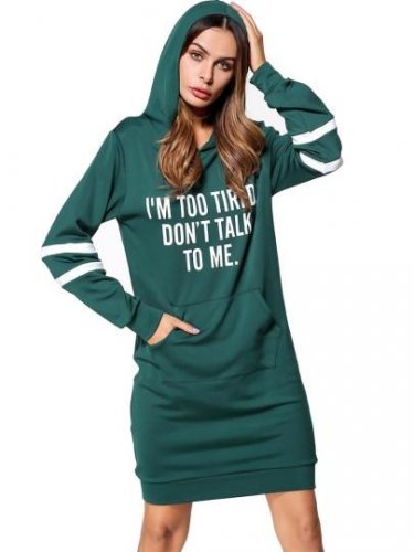 Green Letters Printed Women\'s Hooded Dress