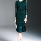 Green Long Sleeve Double-Layered Women\'s Lace Dress
