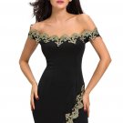 Gold Lace Applique Black Off Shoulder Mini Dress