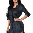 Green Navy Lace-up Front Plaid Shirt Dress