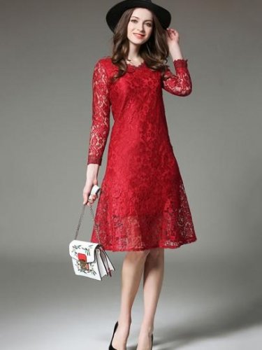 Long Sleeve Solid Color Women\'s Lace Dress