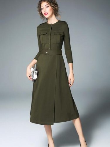 Army Green Single-Breasted Women\'s Maxi Dress