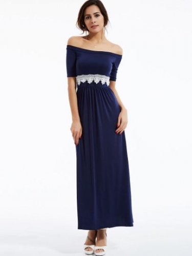 Plain Slash Neck Lace Patchwork Maxi Dress