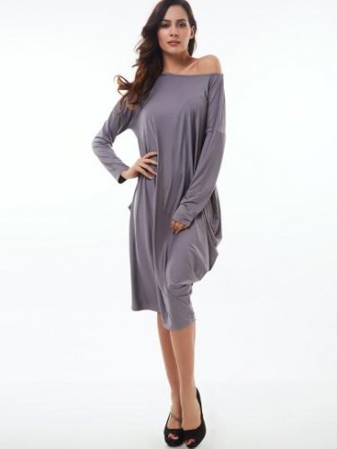 Slash Neck Plain Loose Women\'s Long Sleeve Dress