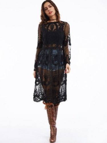 Flare Sleeves See-Through Women\'s Lace Dress