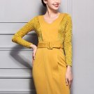 Yellow Lace Patchwork Belted Women\'s Sheath Dress