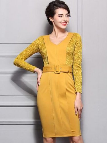 Yellow Lace Patchwork Belted Women\'s Sheath Dress