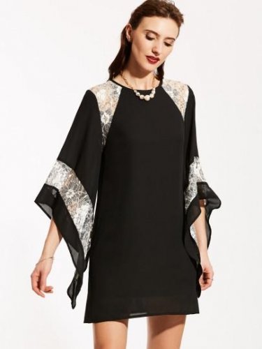 Lace Batwing Sleeve Straight Plain Women\'s Day Dress