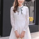 White Tie Neck Pleated Women\'s Lace Dress