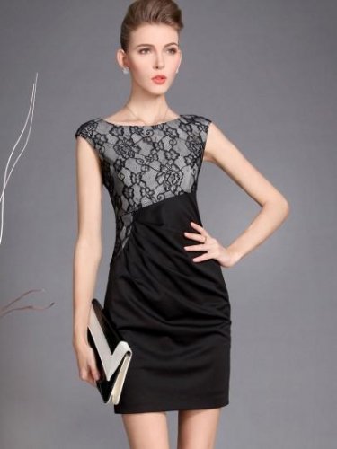 Black Ruffled Lace Patchwork Women\'s Sheath Dress