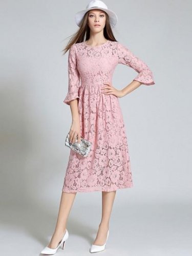 Solid Color Bell Sleeve Women\'s Lace Dress