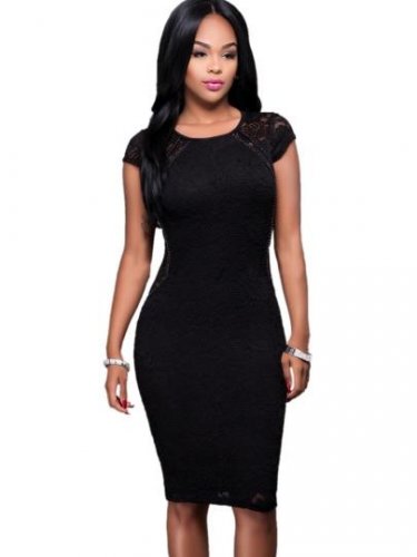 Plain Cap Sleeve Women\'s Lace Dress