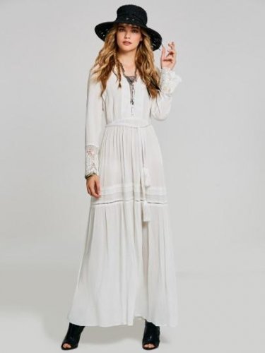 White Tassels Lace Patchwork Women\'s Maxi Dress