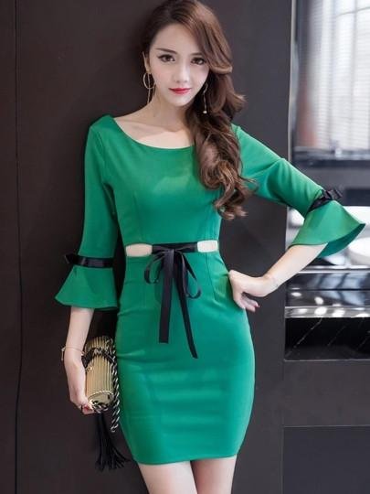 Lace up Bell Sleeve Women\'s Sheath Dress