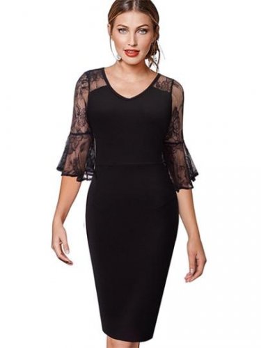 Bell Sleeve Lace Patchwork Women\'s Pencil Dress