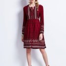 Red Lace up Long Sleeve Women\'s Day Dress