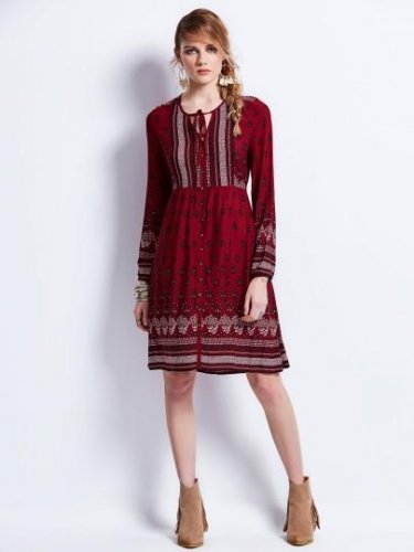 Red Lace up Long Sleeve Women\'s Day Dress