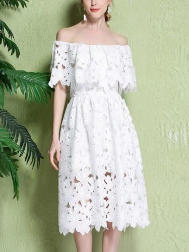 Hollow Half Sleeve Off-the-Shoulder Women\'s Lace Dress