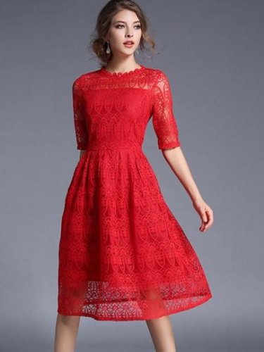 Red Half Sleeve Women\'s Lace Dress