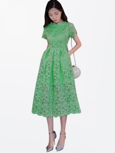 Plain A-Line Short Sleeve Women\'s Lace Dress