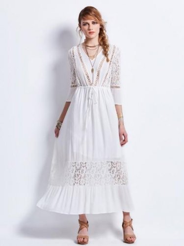 Drawstring Lace Patchwork Hollow Women\'s Maxi Dress