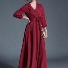Red V Neck Lace up Women\'s Maxi Dress