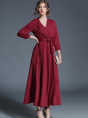 Red V Neck Lace up Women\'s Maxi Dress
