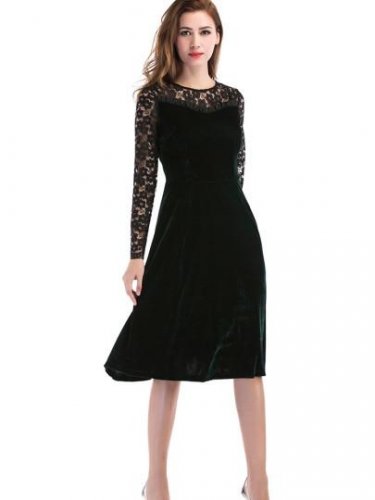 Lace Sleeve Velvet Patchwork Women\'s Day Dress