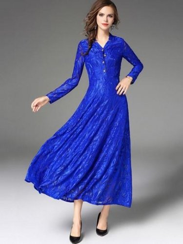 Blue Single-Breasted Lace Women\'s Maxi Dress