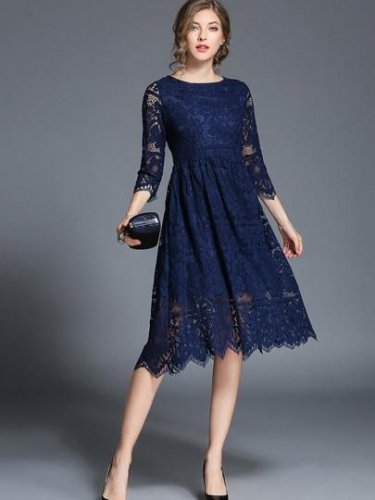 Half Sleeve Invisible Zipper Women\'s Lace Dress