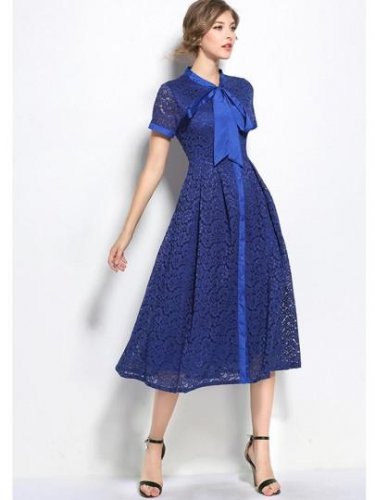 Tie Neck Blue Women\'s Lace Dress