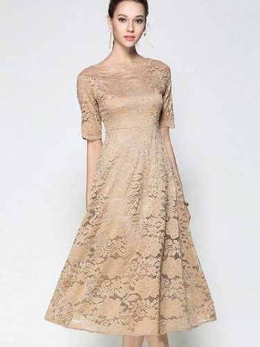 Khaki Short Sleeve Women\'s Lace Dress