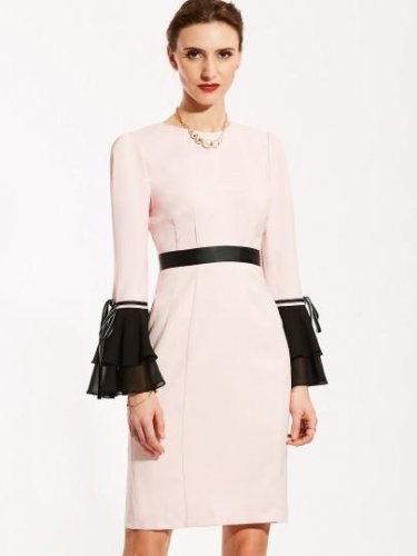 Lace-Up Elegant Color Block Bell Sleeve Women\'s Bodycon Dress