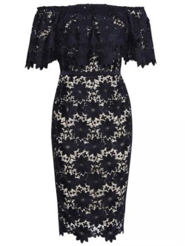 Slash Neck Hollow Plain Bodycon Women\'s Lace Dress