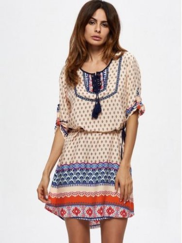 Beige Half Sleeve Lace up Women\'s Day Dress