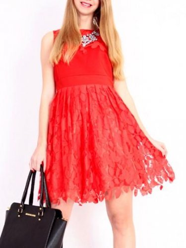 Lace Plain Red A-Line Women\'s Day Dress