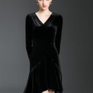 Lace V Neck Velvet Plain Asym Women\'s Day Dress