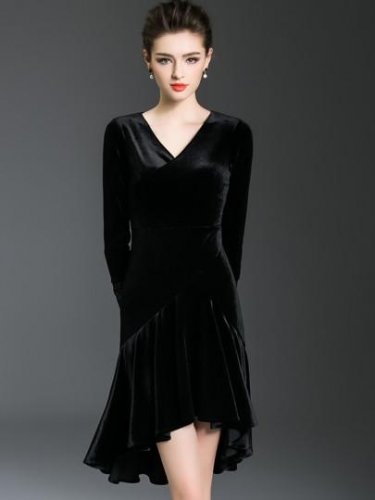 Lace V Neck Velvet Plain Asym Women\'s Day Dress