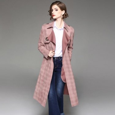Autumn Outfit New Style Women\'s High Fashion Slim Belt Solid Suede Long Windbreaker Trench Ladies C