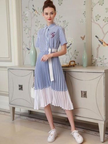 Pleated Embroidery Button Letter Women\'s Maxi Dress