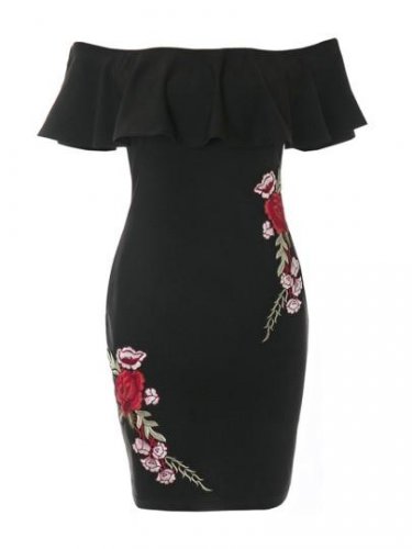 Embroidery Slash Neck Women\'s Party Dress
