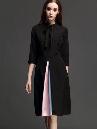 Tie Neck Bowknot A-Line Double-Layered Women\'s Day Dress