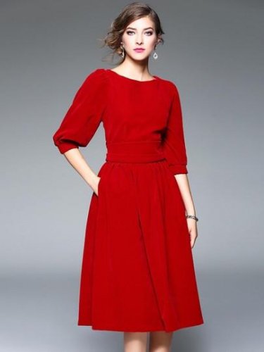 Pleated Pullover Plain Women\'s Day Dress