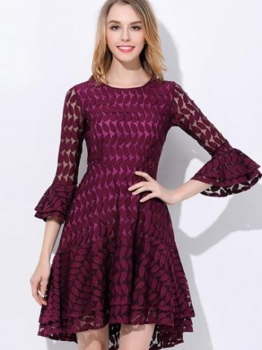 Falbala Hollow Plain Flare Sleeve A-Line Women\'s Lace Dress
