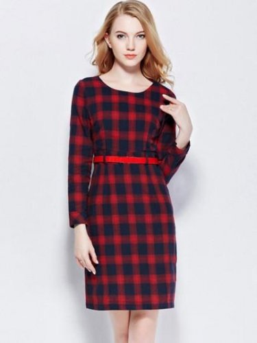 Red Plaid Women\'s Long Sleeve Dress