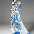 Blue and White Porcelain Back Zipper Women\'s Maxi Dress