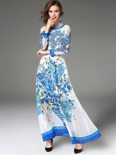Blue and White Porcelain Back Zipper Women\'s Maxi Dress