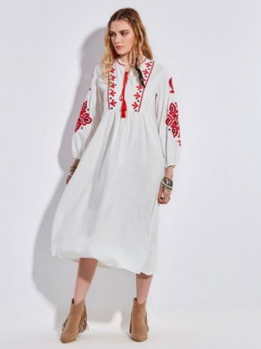 Round Neck Embroidery Lantern Sleeve Women\'s Maxi Dress